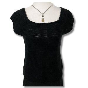 RICKI'S Vintage black cap sleeve knit top w/ scallop edges SMALL MEDIUM sweater